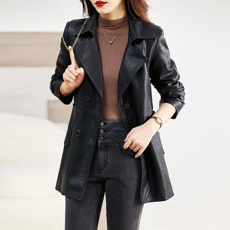 2024 Spring Women's New Mid Length Fashion Casual Windbreaker Coat Women's V-neck Double Breasted Slim Fit Vintage Leather Coat