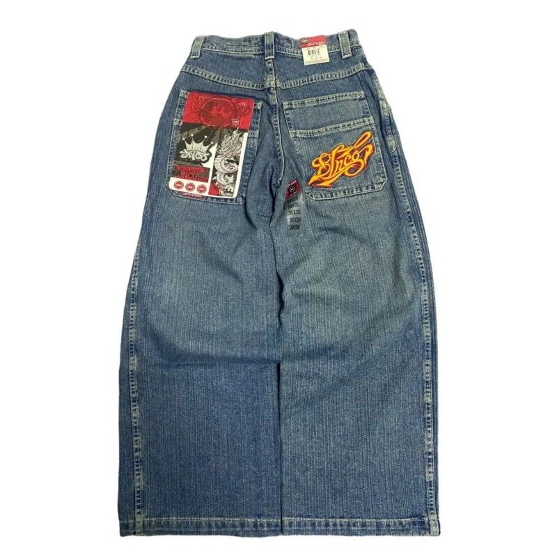 Jeans retrô de cintura alta masculino, bordado na moda Hip Hop, cintura alta, perna reta, calças largas soltas, roupa de rua, novo, Y2K, 2022
