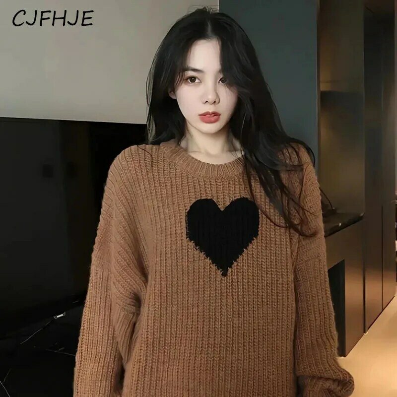 CJFHJE Korean Sweet Heart Sweaters Vintage Harajuku Lazy Wind Long Sleeve Pullovers Fashion Loose Knitted Casual Couple Jumpers