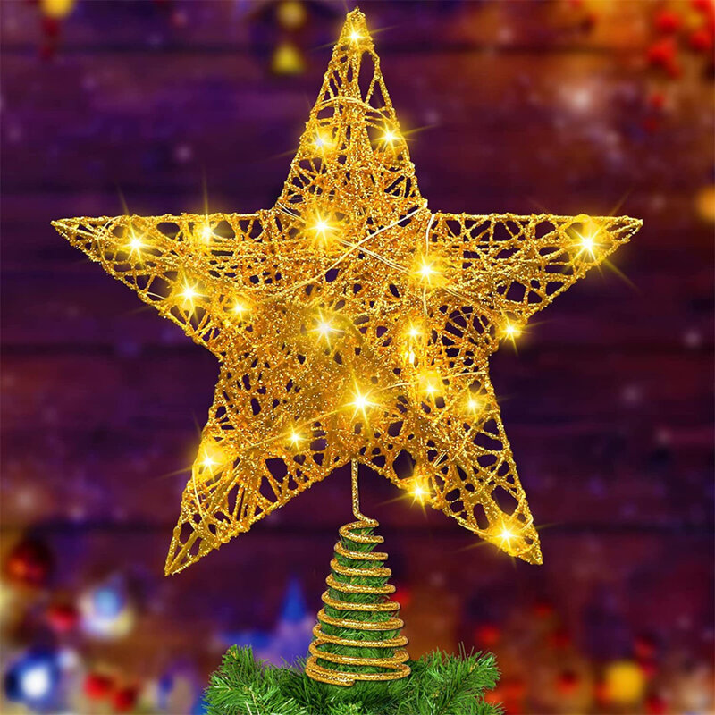 Toppery na choinkę z brokatem gwiazda drzewo z oświetleniem 20 lampkami LED dla bożonarodzeniowe ozdoby choinkowe przyjęcie świąteczne wystrój wnętrz
