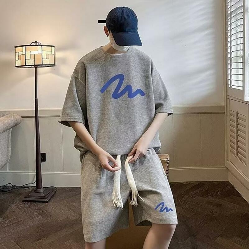 Men Workout Outfit Men's Summer Casual Outfit Set O-neck Short Sleeve T-shirt Elastic Drawstring Waist Shorts with Letter for A