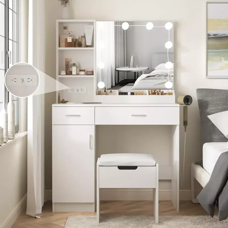 Vanity Desk maquiagem com espelho iluminado, Power Strip, mesa branca Set, luzes e lotes de armazenamento, 2 gavetas