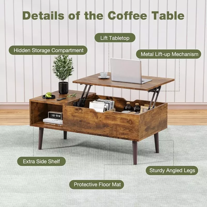 모던 리프트탑 커피 테이블 목재 가구, 보관 선반 및 숨겨진 칸막이, 거실 다크 브라운 커피 테이블