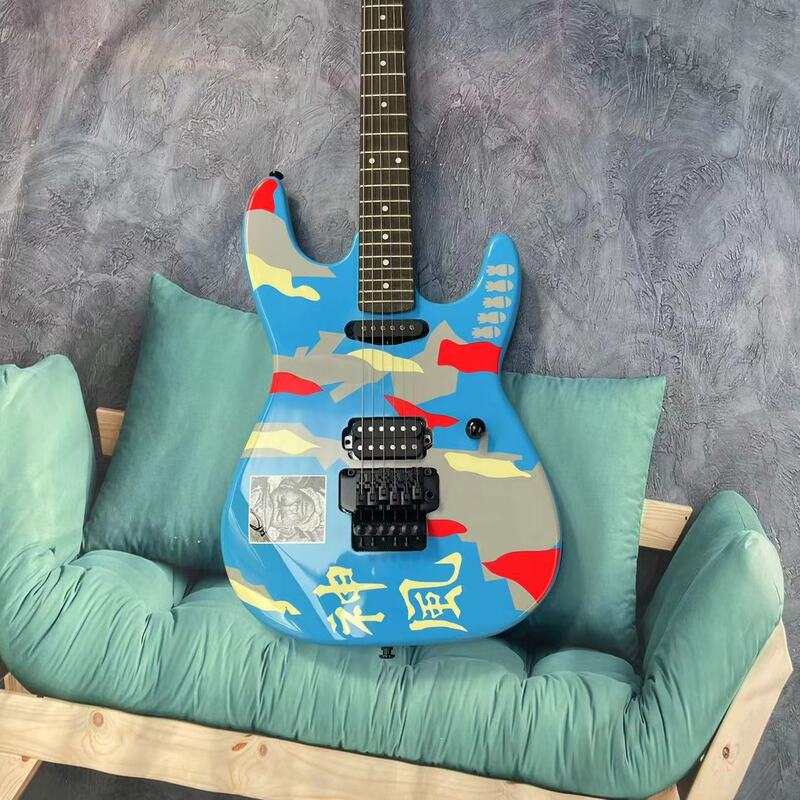 Gitara elektryczna z 6 strunami, niebieski ręcznie malowany wzór ciała, gryf drewniany różany, tor drewno klonowe, prawdziwe zdjęcia fabryczne,