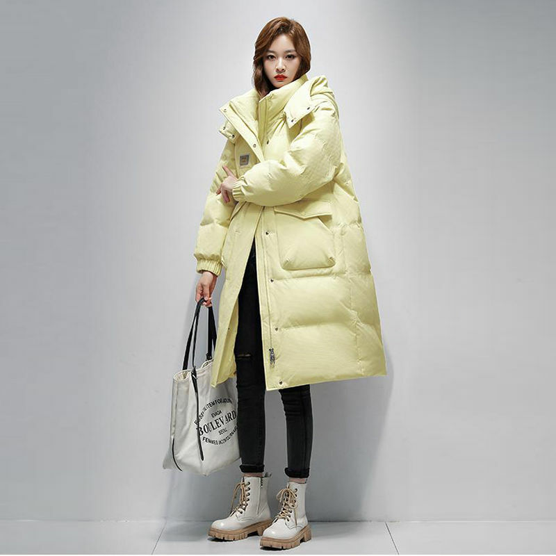 Jaqueta de capuz grosso feminina, versão longa, Parkas soltas, outwear quente, moda, casaco com capuz, casaco de inverno, R455