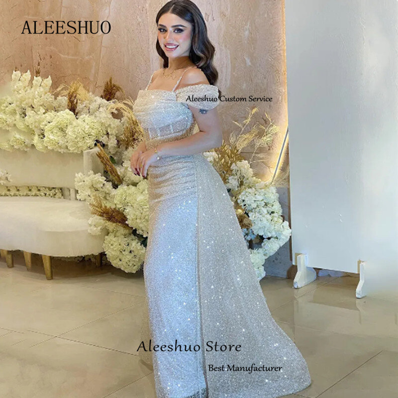 Aleeshuo gaun Prom putri duyung mengkilap tali Spaghetti manik-manik gaun pengantin dengan lengan lembut فساتين ررsemi semi