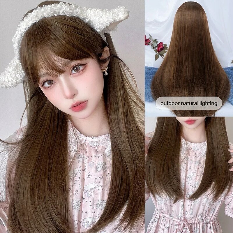 24Inch Honey Tea Brown Synthetic Wigs With Bang Long Natural Straight Hair Wig for Women Daily Use Cosplay Heat Resistant Lolita