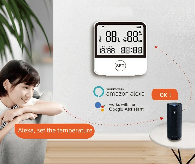 Capteur de température et d'humidité WiFi intelligent Tuya, hygromètre intérieur Therye.com avec écran LED, prise en charge d'Alexa et de Google Home