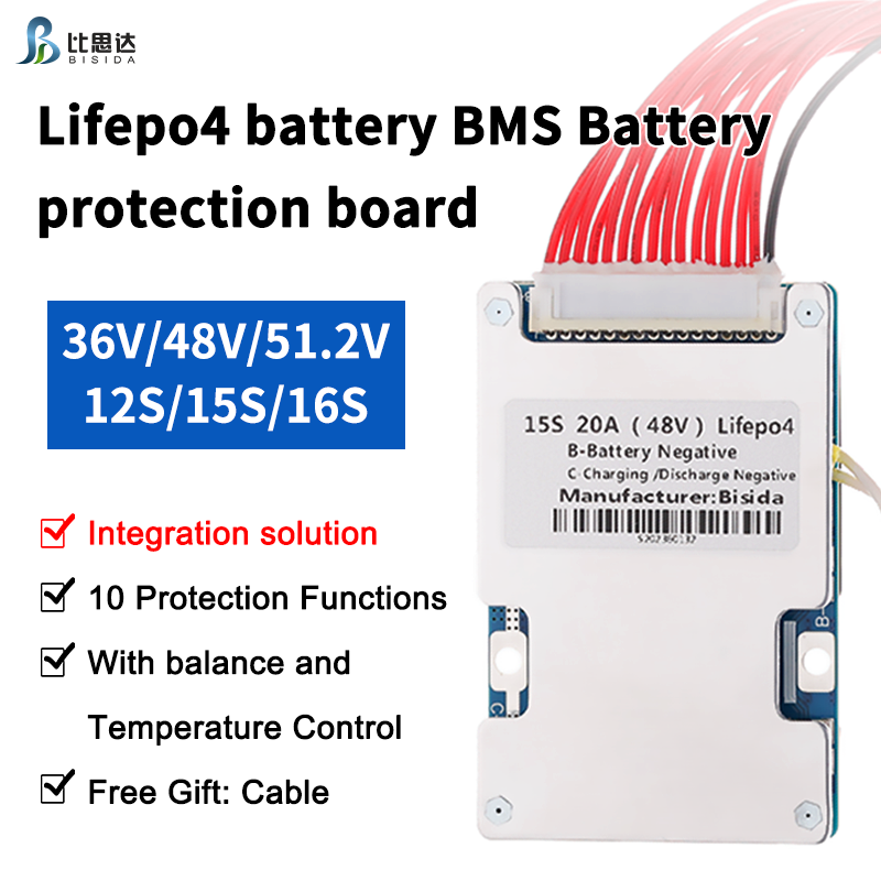Bisida BMS 12S/15S/16S Lifepo4 battery (3.2V) 36V/48V/51.2V Common Port with Balance and NTC,Ten Functional protections