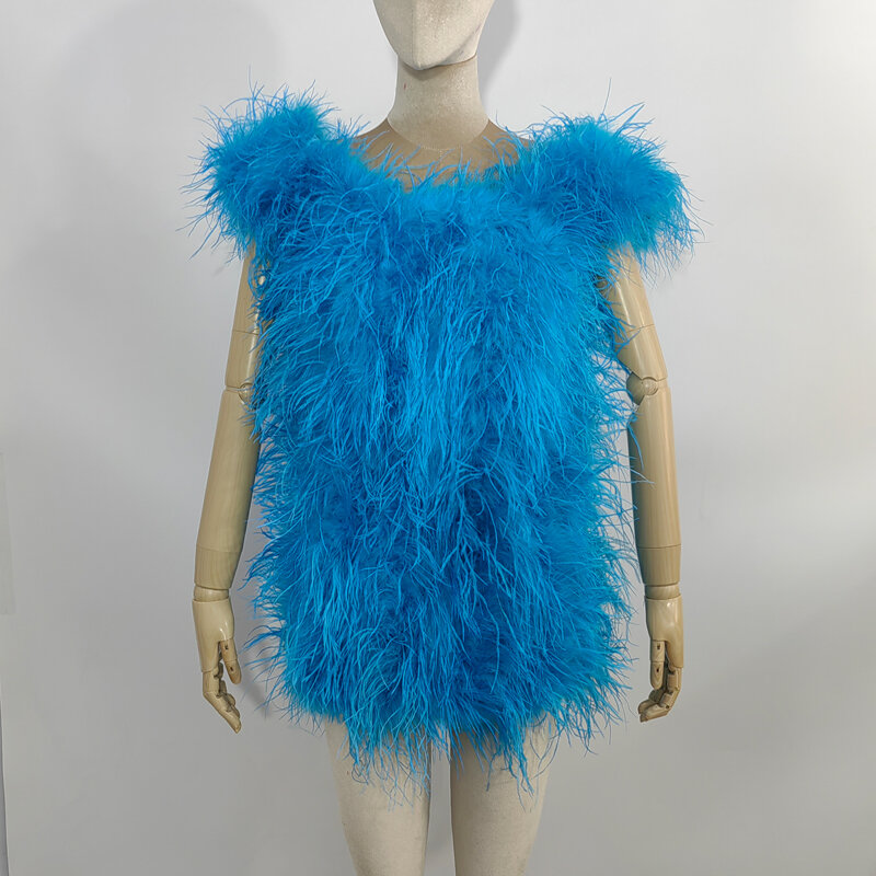 Sexy 100% natural ostrich hair dress women's fur coat low chest off shoulder dress real ostrich fur coat fur mini skirt
