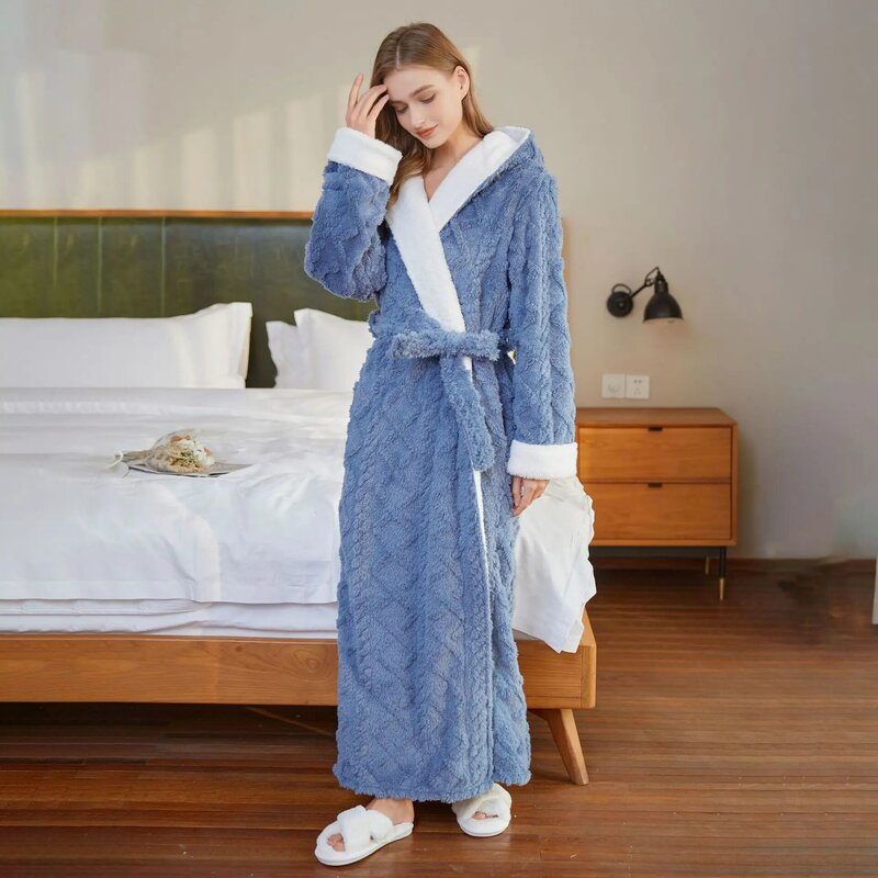 Roupão quente espessado feminino, roupão casual solto, camisola Jacquard flanela, pijamas de lã coral, outono e inverno