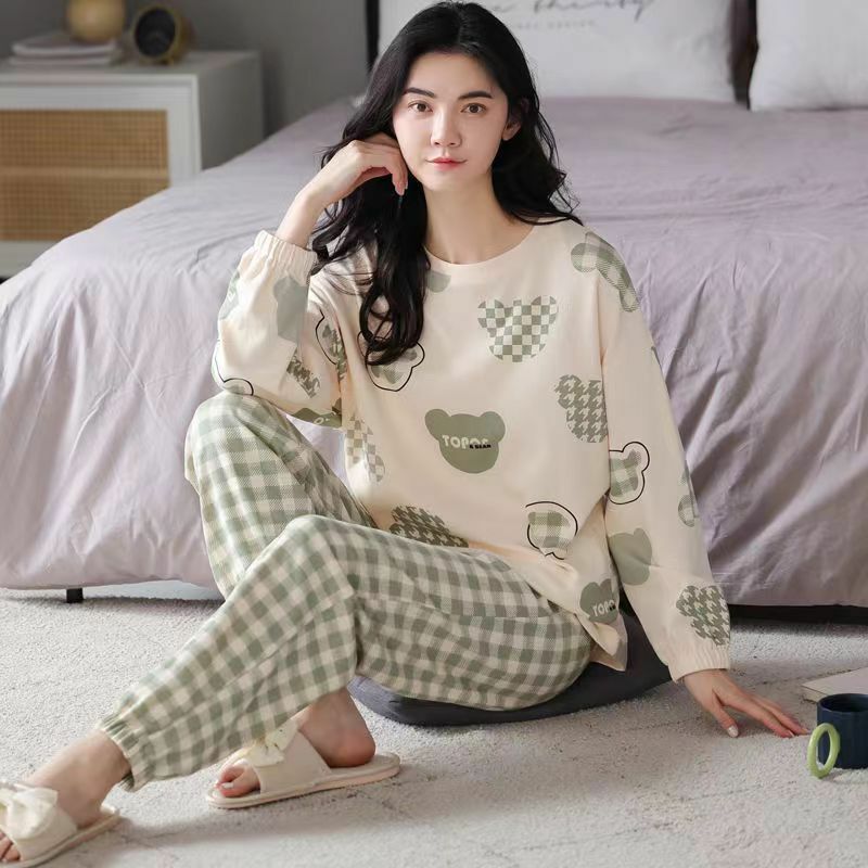 Pijamas senhoras primavera outono manga longa poliéster algodão feminino outono e inverno grande tamanho casual outono homewear conjunto