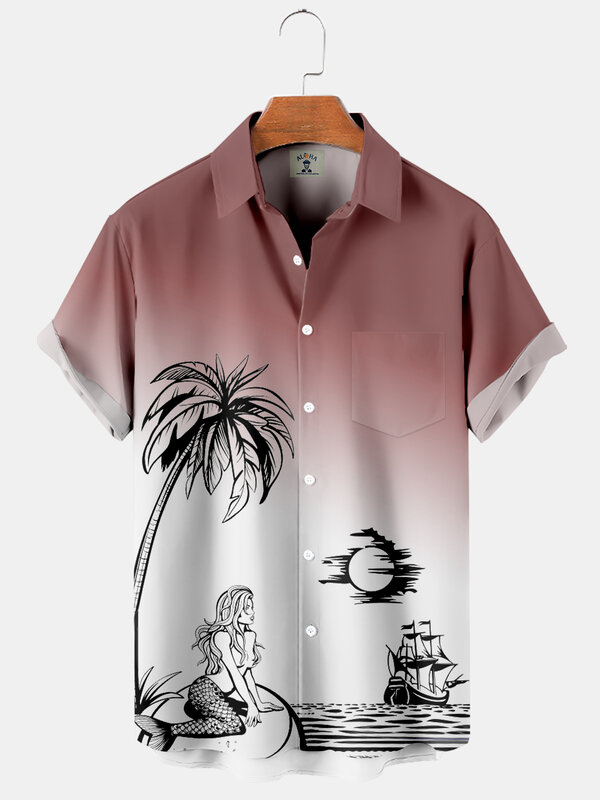 New Mermaid Hawaiian Sunset Coconut 3D Print Men's Short Social Shirt Casual Style Floral Blouse Designer Vintage Harajuku Cadiz