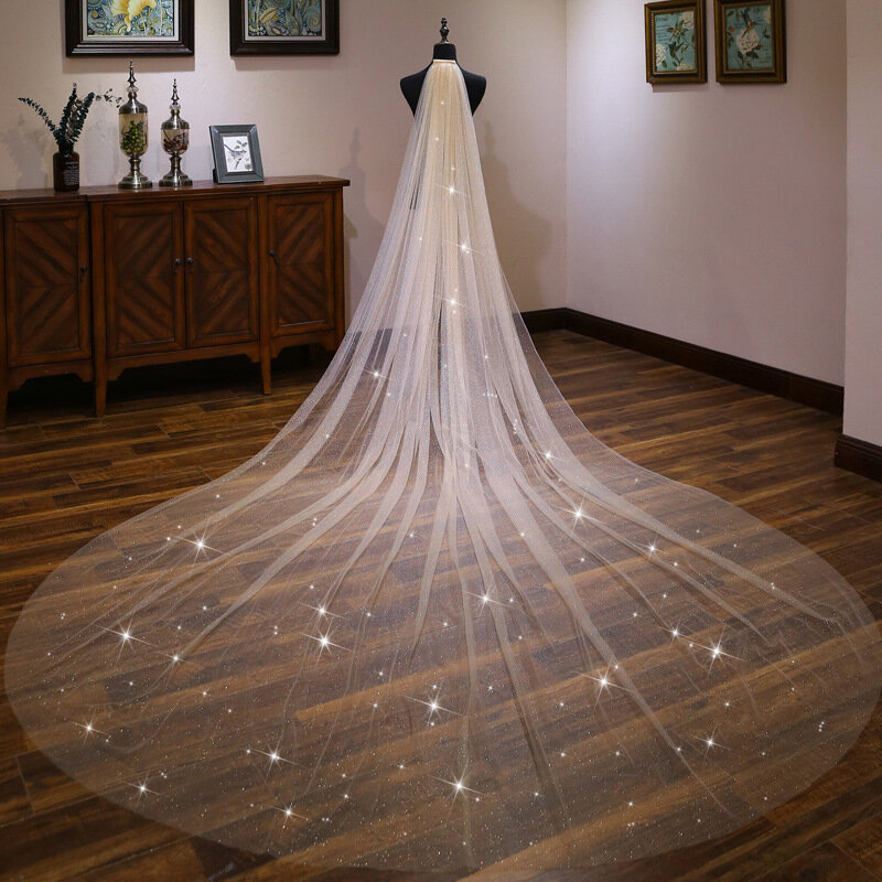 صور حقيقية الحجاب الزفاف التألق مسحوق رذاذ طبقة واحدة كاتدرائية الحجاب الزفاف أبيض/عاجي اليد مخيط مشط معدني