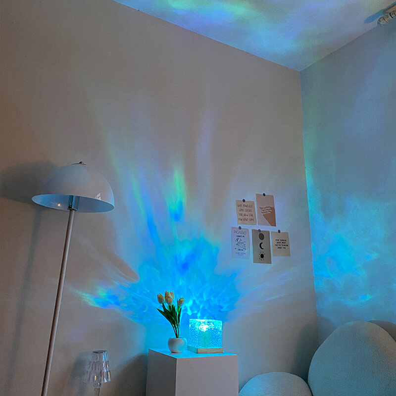 물 잔물결 프로젝터 야간 조명 크리스탈 램프, RGB 색상 변경 분위기 조명 리모컨 침대 옆 램프, 휴일 선물