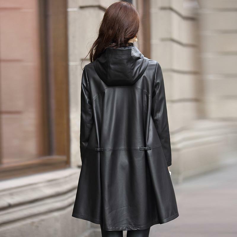 Jaqueta de couro preta feminina, pele de carneiro com capuz, casaco solto, trincheira longa, couro genuíno, lazer, tamanho grande, primavera, outono