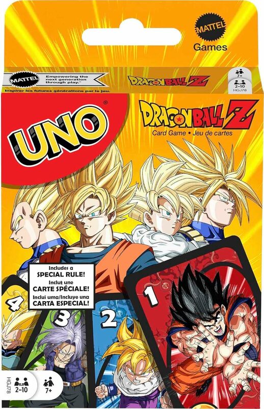 Mattel Games UNO Dragon Ball Z, juego de cartas para Noche Familiar con gráficos temáticos de programa de Tv y una regla especial para 2-10 jugadores