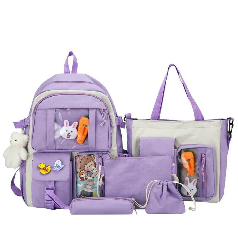 4-pieces moda feminina mochila bonito estudante saco de escola lona grande capacidade mochilas de viagem