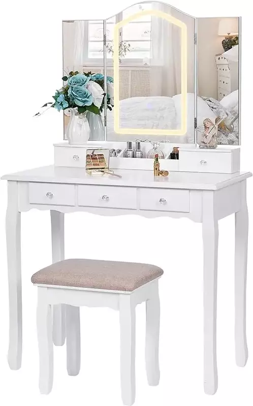 Vanity Desk com Espelho e Luzes, Vanity Set Branco, Espelho Tri-Folding, 3 Modos de Cores, Maquiagem