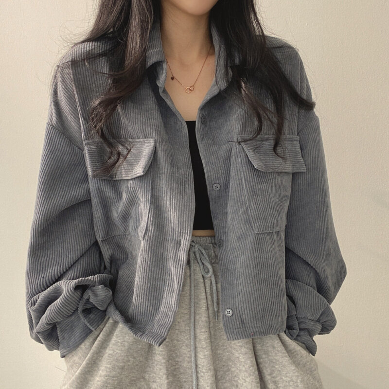 Giacche da donna in velluto a coste ritagliate coreano sciolto Harajuku Vintage Streetwear cappotto primavera autunno moda femminile giacca top
