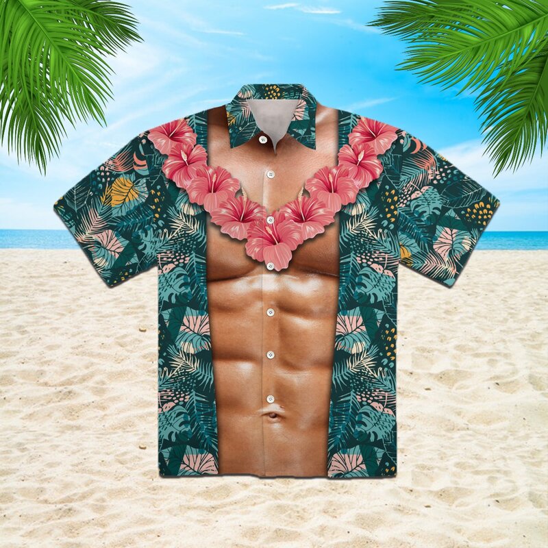 メンズハワイアンボタンアップコスプレシャツ、面白いマッスルプリント、ビーチ、カジュアル、夏