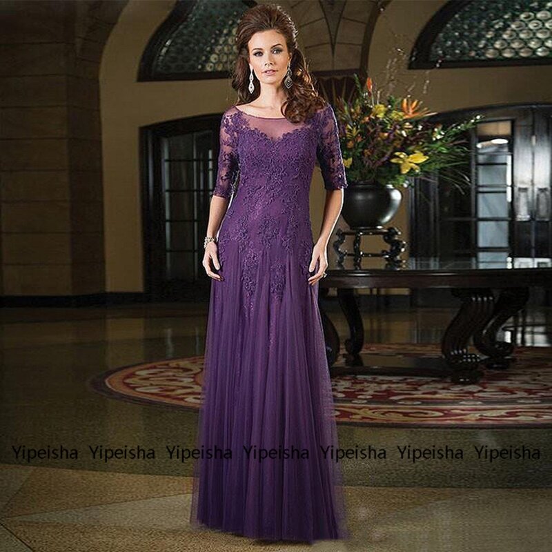 Yipeisha-レースの花嫁の母親のための紫色のドレス,袖付きのエレガントなドレス,床の長さ,サマードレス,2022