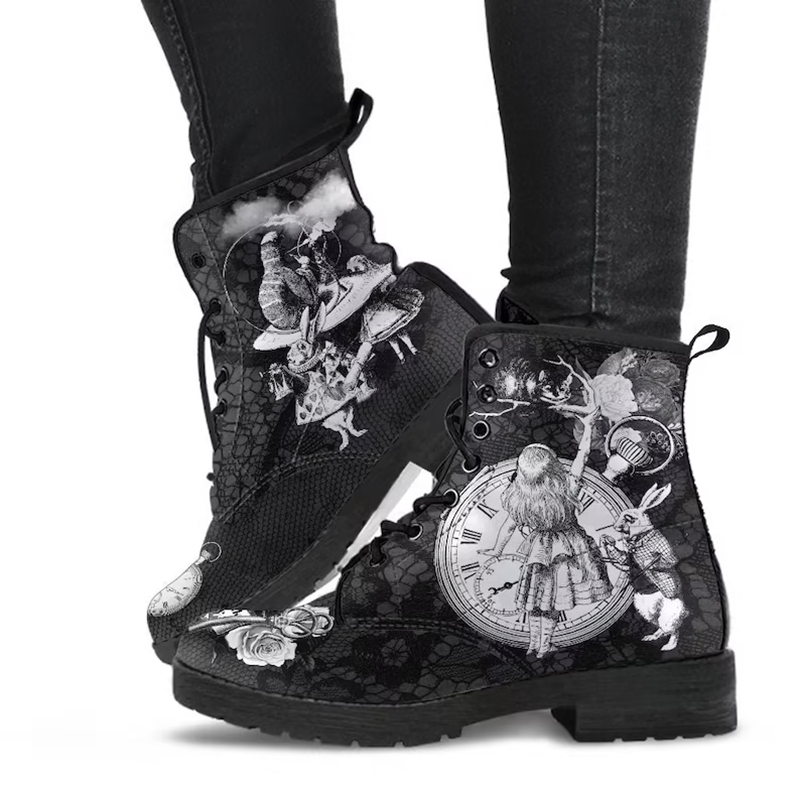 Women Ankle Boots Print High-top Shoes Non-slip Motorcycle Vintage Pu Leather  Platform lace up Boots Botte Femme Hiver