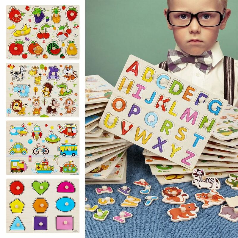 Vroege Educatieve 3d Dier Voertuig Leren Houten Puzzel Puzzel Alfabet Hand Grab Boards Letters Montessori Speelgoed