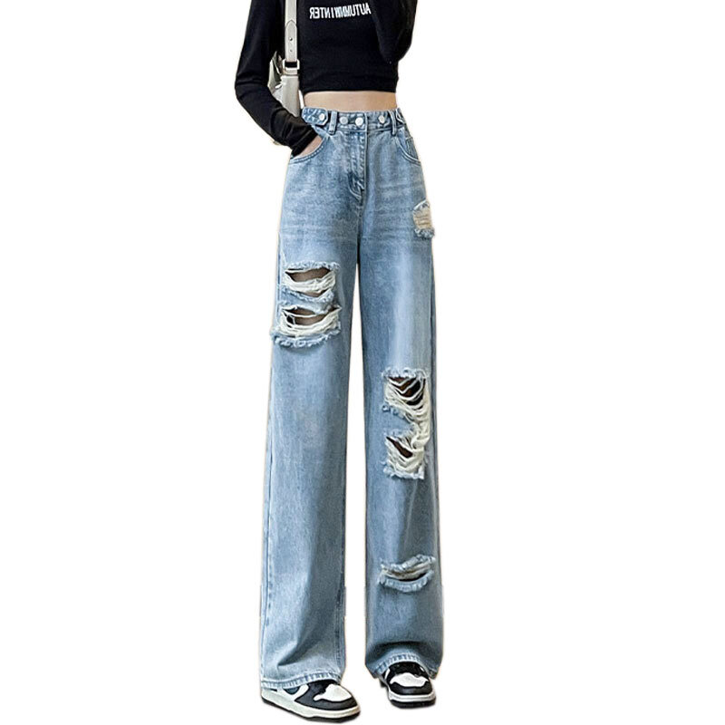 Pantalones vaqueros con agujeros rotos para mujer, holgados de Vaqueros cintura alta, versión estrecha de pierna ancha recta, primavera y otoño, 2024