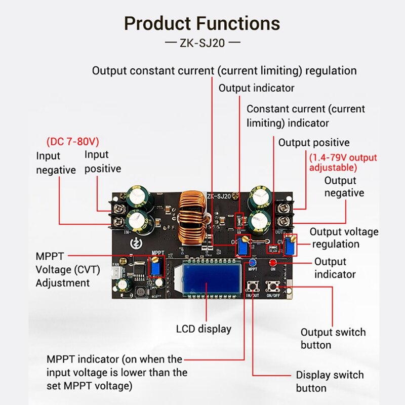 ZK-SJ20 MPPT Buck Boost Converter แหล่งจ่ายไฟโมดูลบอร์ดจอแสดงผล LCD