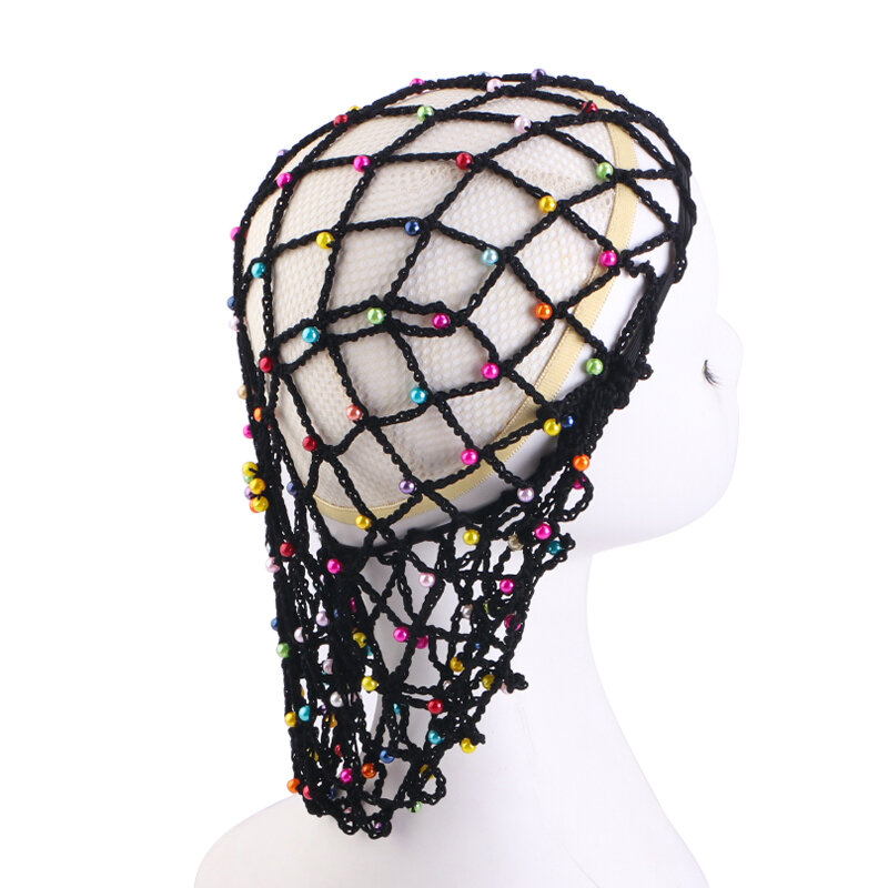 Redes coloridas de cabelo pérola embutidos para mulheres, peruca de algodão longo padrão, boné de tecelagem, malha base, máquina feita com rede de cabelo