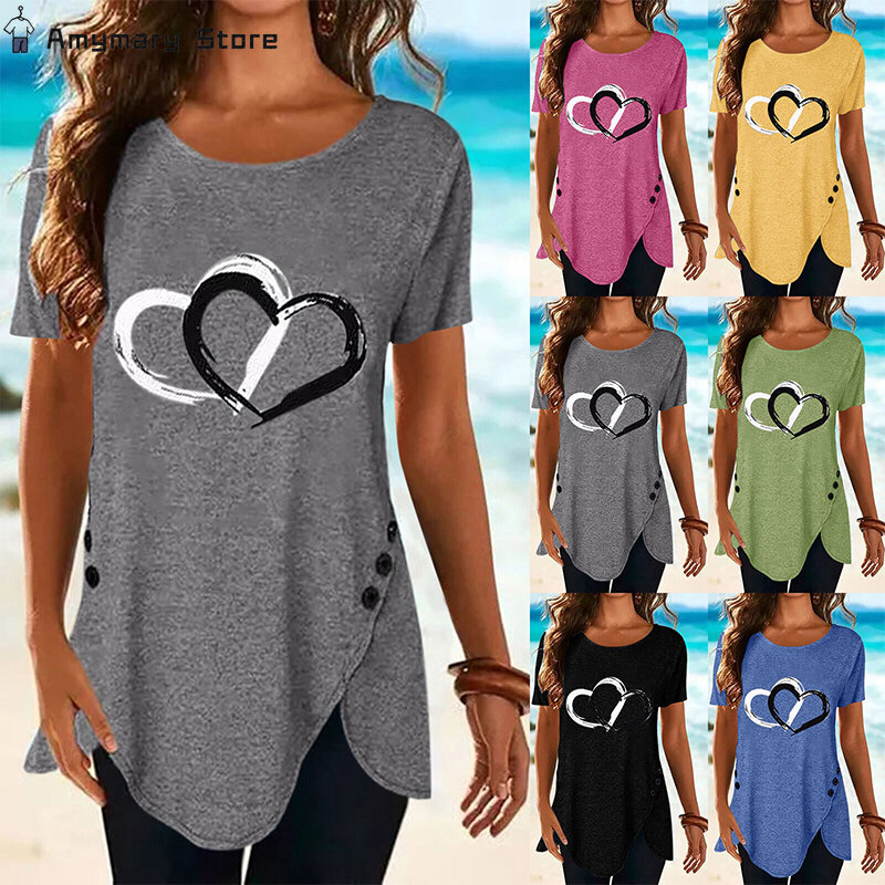 T-shirt imprimé cœur à manches courtes pour femmes, haut long, streetwear décontracté, vêtements à la mode, été, nouveau