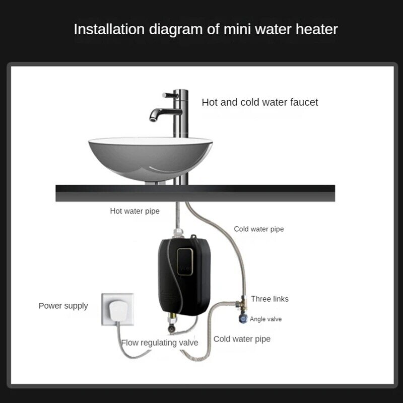 Pemanas air panas Mini instan 3000W 220V, pemanas air panas instan elektrik tanpa tangki tahan lama hitam colokan EU