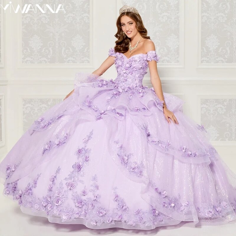 Fioletowe falbany Quinceanera sukienki pełne wdzięku z odkrytymi ramionami księżniczki świecące urocze słodkie 16-letnie vestidos de anos