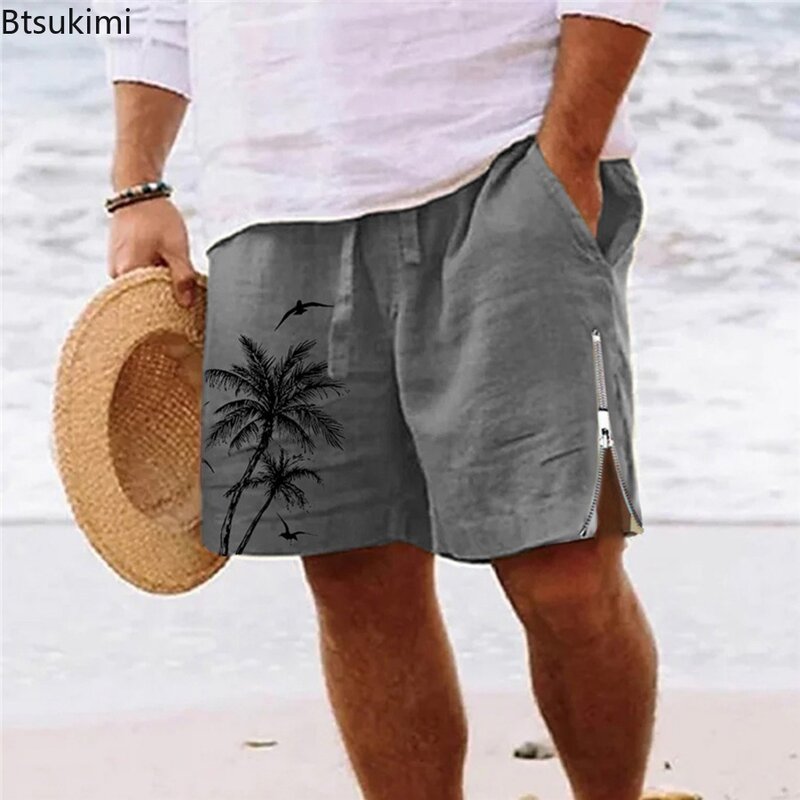 2024 New Men's Vintage Graphic Casual Shorts Fashion Side Zip 100% Cotton Summer Loose Beach Short Pants Men Print Sport Shorts