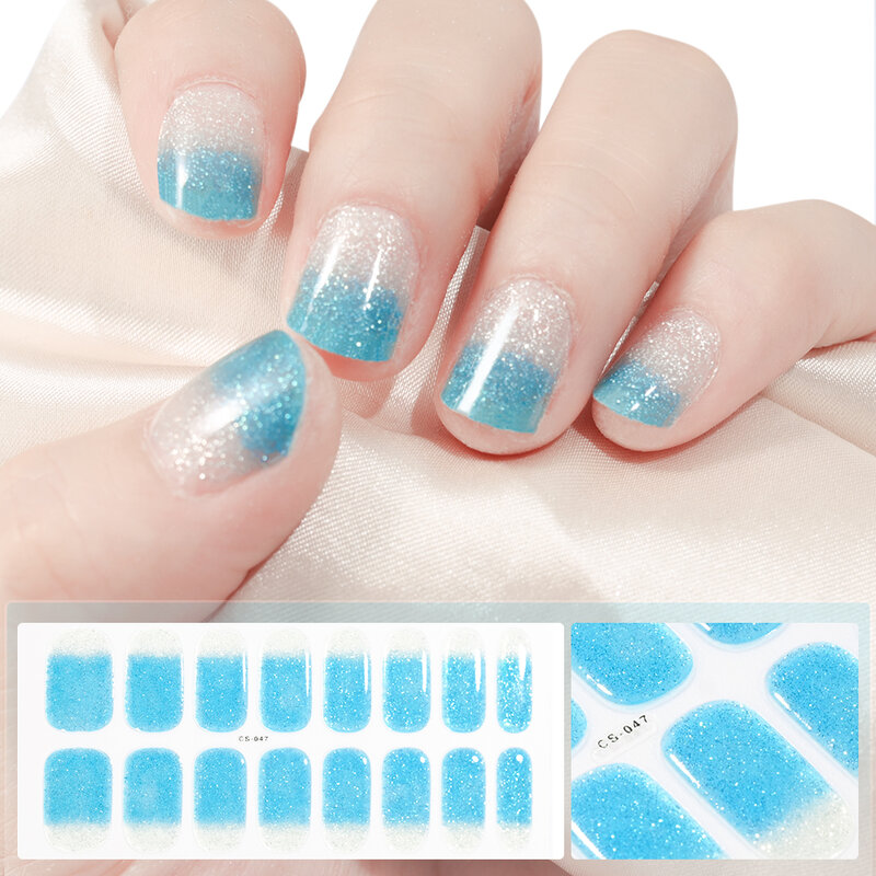 16Tips Glitter Powder Semi Cured Gel Sticker French Nail Manicure Decals UV LED Lamp Need Gel Nail Wraps Sticker Nail Decoration
