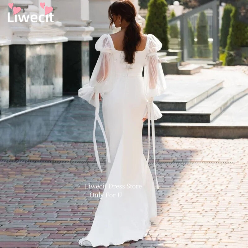 Liwecit-シンプルな正方形のシースウェディングドレス,長いパフスリーブ,サテンのチュール,花嫁のドレス,電車,フォーマルなウェディングドレス