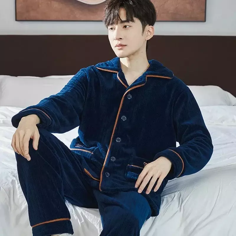 Male Nightwear 2 Warm Sets Long Sleepwear Thicken Winter Men's Flannel Piece Home Pajamas Sleeve Loungewer Pijama Soft Suit
