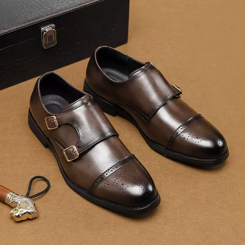 Sapatos de couro Oxford casual masculino, fivelas duplas, vestido pontiagudo, negócio, casamento, cavalheiro, alta qualidade, novo, 2022