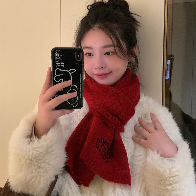 Fashion Winter Warm Scarf For Women Letter Knitted Wool Neckerchief Muffler Female Shawl Neck Wraps Solid Color Versatile 2024