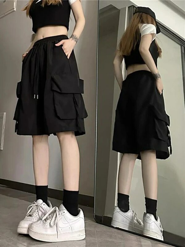 Летние женские винтажные уличные шорты Y2K в Корейском стиле, повседневные шорты с высокой талией, длиной до колена, широкие мешковатые брюки-карго, женская одежда