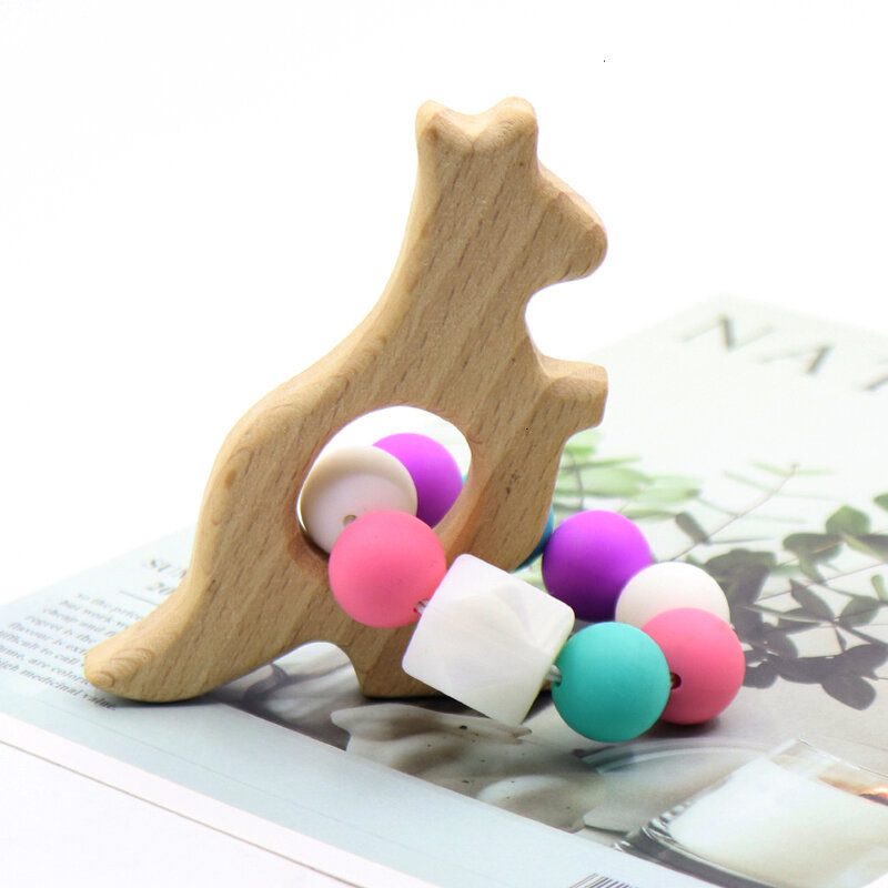 Cute Animal Shaped Wooden Beech 1Pcs Baby Silicone Bracelet Silicone Beads Safety Rubber Food Grade Silicone Teether Gift Toys
