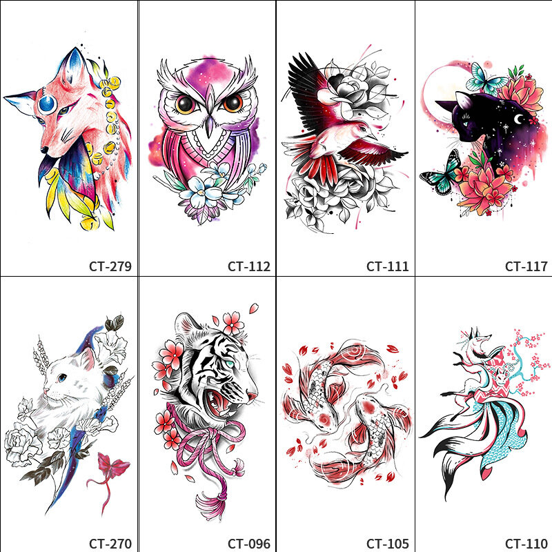 Adesivos coloridos de tatuagem animal para homens e mulheres, braço e costas, arte corporal, impermeável, raposa de nove caudas, decalques flash temporários