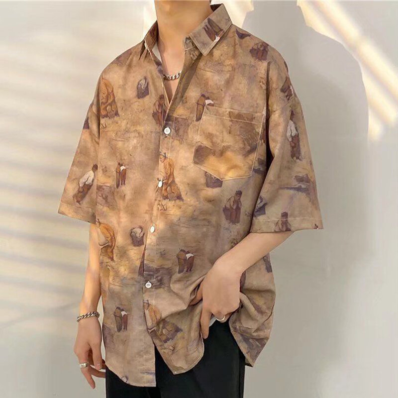 Stylish Lapel Button Pockets Printed Casual Shirts Men Clothing 2024 Summer New All-match Tops Half Sleeve England Style Shirt