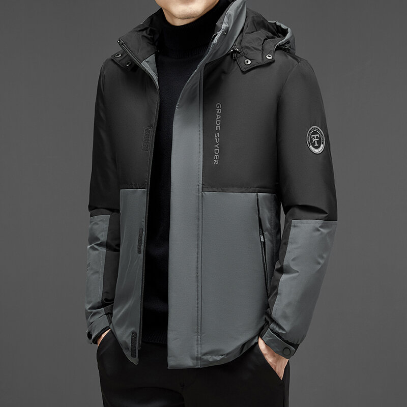 Novo casaco casual masculino costura curto com capuz grosso à prova de vento masculino algodão-acolchoado roupas