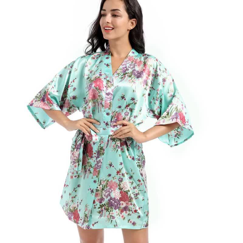 Jubah Pengiring Pengantin Wanita Bunga Kimono Pernikahan Satin Gaun Pakaian Tidur Pengantin