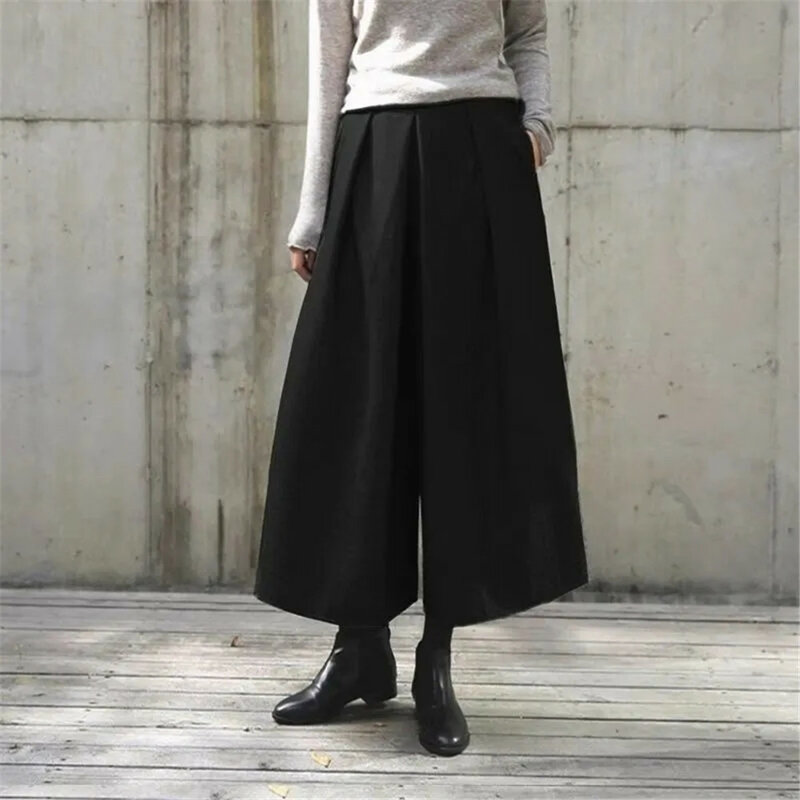 Свободные Шерстяные широкие юбки, брюки, женские плиссированные повседневные брюки, прямые брюки на зиму и осень, эластичные брюки с высокой талией