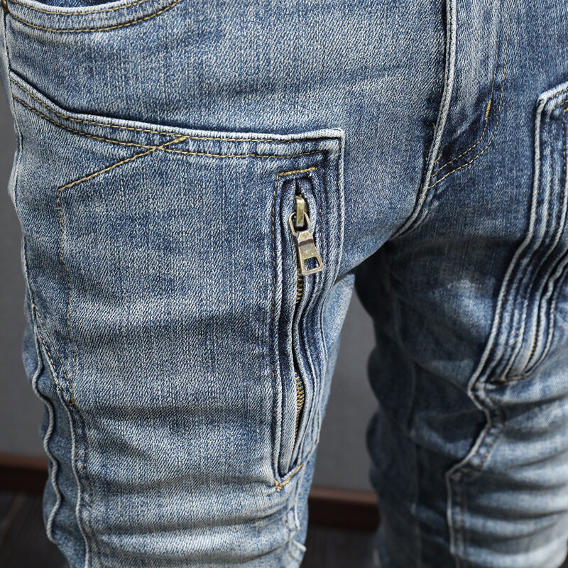 سراويل جينز عصرية للرجال بتصميم عتيق ومطاطة باللون الأزرق ومطاطة بمقاسات ضيقة ومخططة بتصميم سحاب على طراز الهيب هوب للرجال
