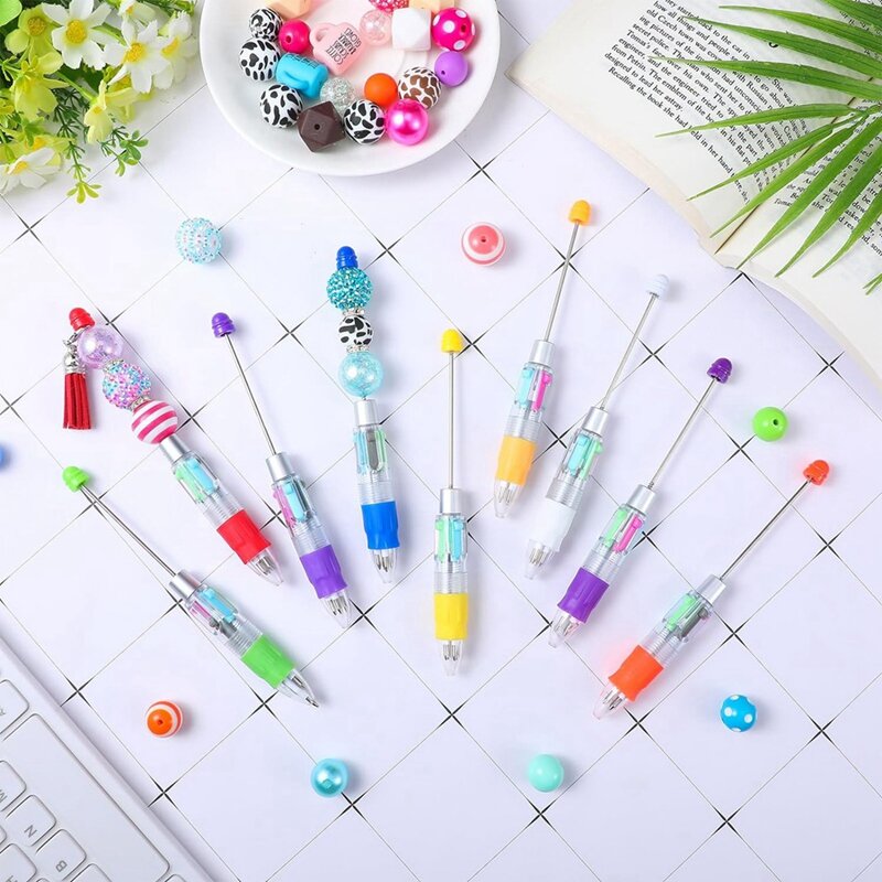 12 buah pena manik-manik multiwarna pena manik-manik berwarna 4In1 pena pulpen dapat ditarik untuk Kit pembuatan DIY awet untuk siswa anak-anak