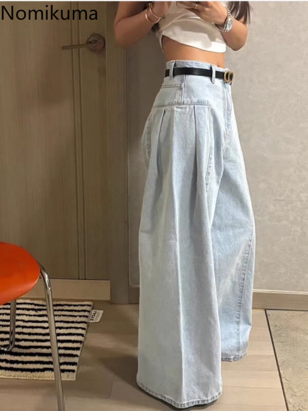 Celana kaki lebar wanita Korea Y2k, Jeans Harajuku pakaian jalanan pinggang tinggi lurus kasual modis